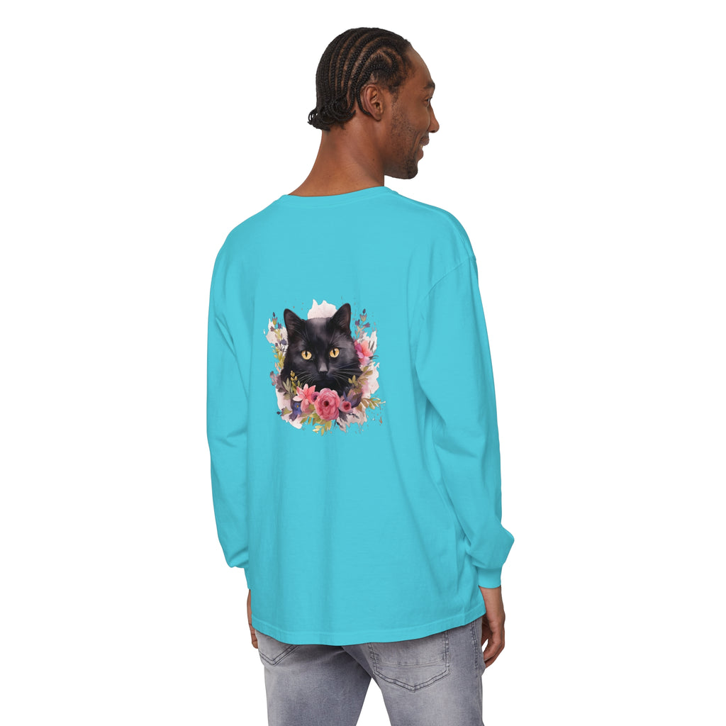 Beautiful black cat floral watercolor long sleeve t-shirt with intricate design