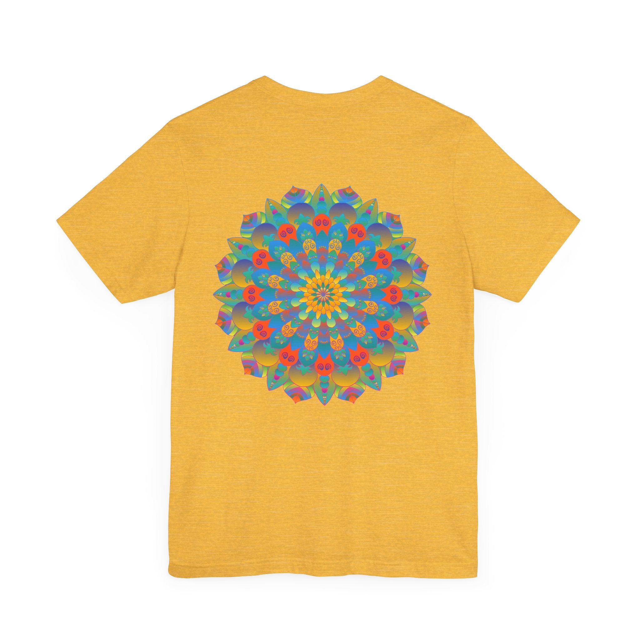 A colorful and intricate mandala design featured on a t-shirt, representing spiritual peace and psychedelic art