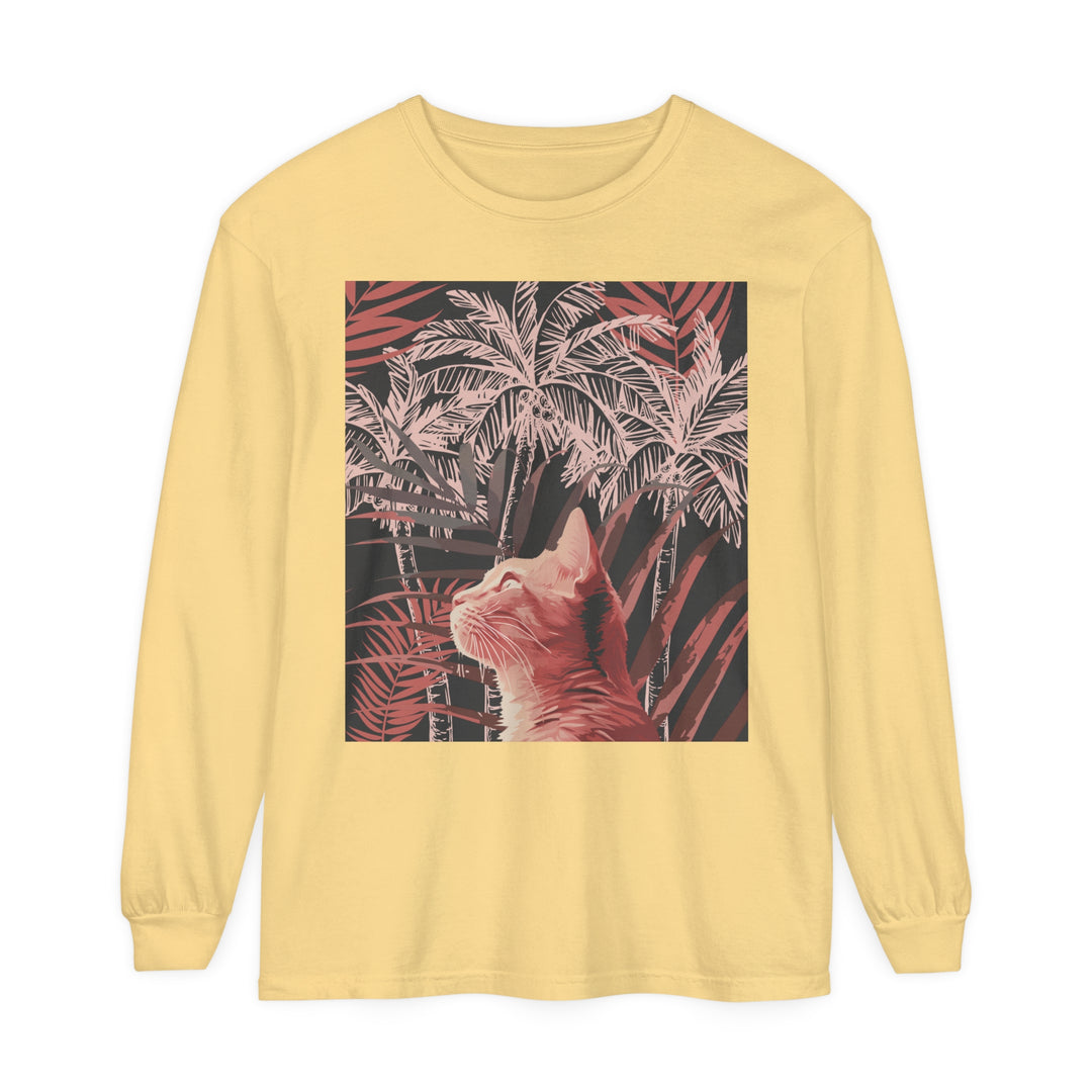 Adorable ginger cat lounging under a palm tree on a t-shirt