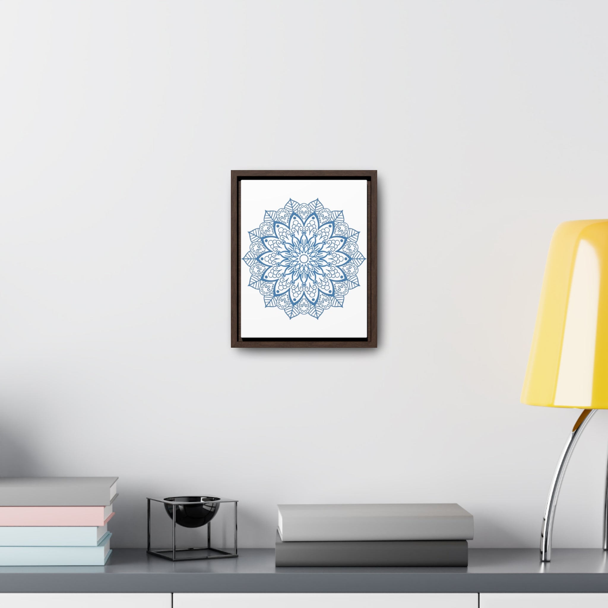 Handmade steel blue Mandala Design Wall Art on gallery canvas wraps, displayed in a vertical frame