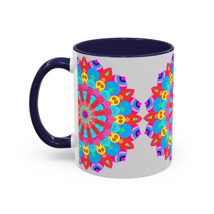 A beautiful ceramic mug with a vibrant mandala design, promoting peace and tranquility for a relaxing morning coffee or tea