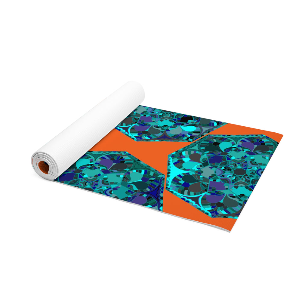 Geometrische Yogamatte aus Schaumstoff in energetischem Orange- und Aqua-Design