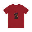 A close-up image of a black t-shirt with a neon-colored mystery design featuring a cat and the words Neon Black Cat Mystery T-Shirt in bold lettering