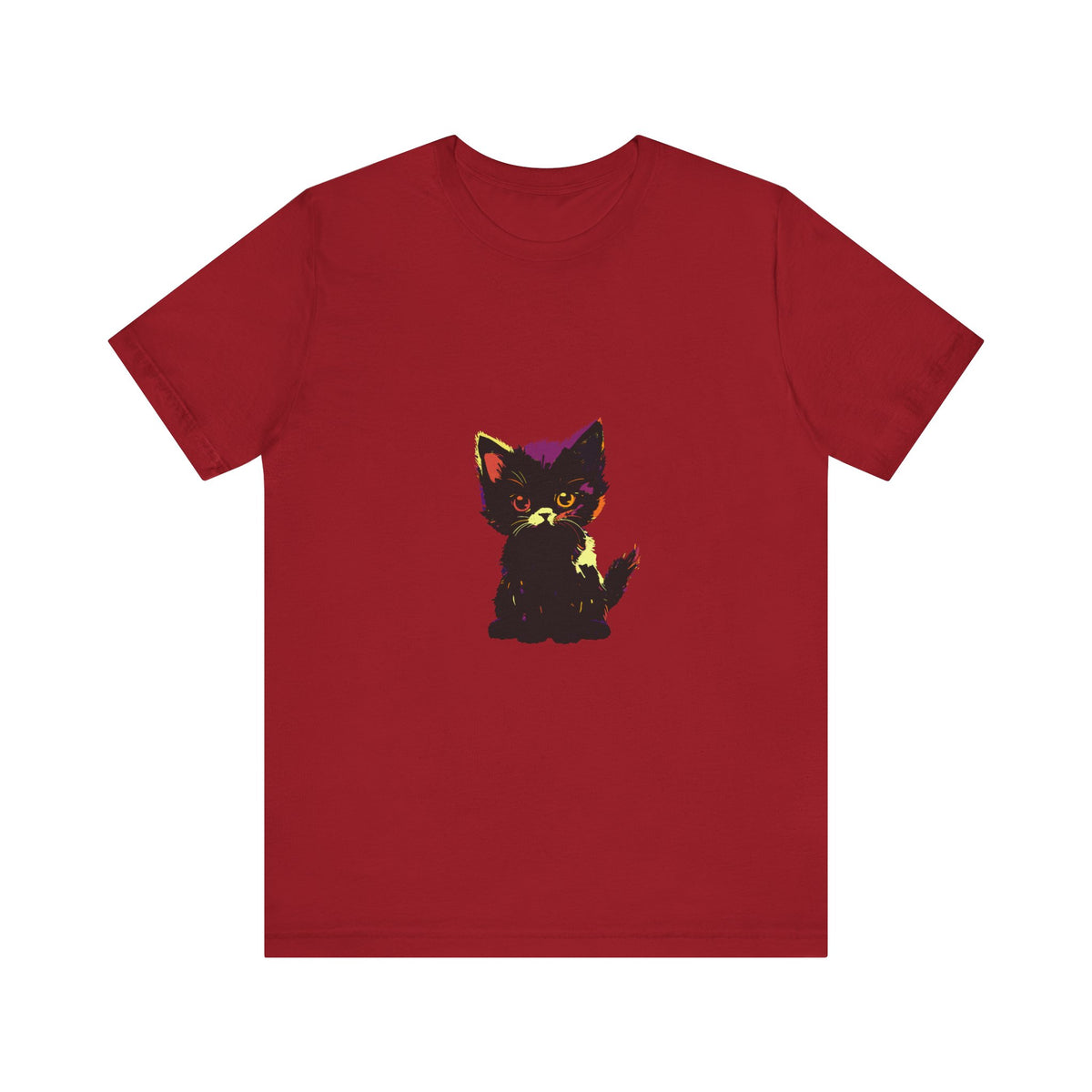 A close-up image of a black t-shirt with a neon-colored mystery design featuring a cat and the words Neon Black Cat Mystery T-Shirt in bold lettering