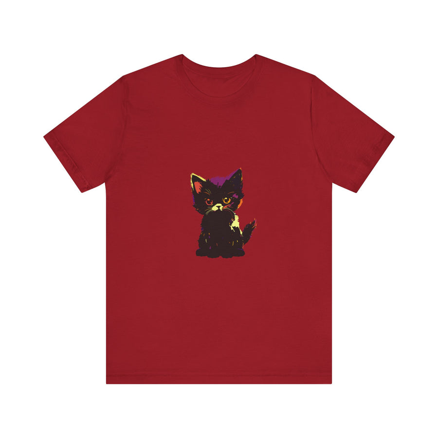 A close-up image of a black t-shirt with a neon-colored mystery design featuring a cat and the words Neon Black Cat Mystery T-Shirt in bold lettering