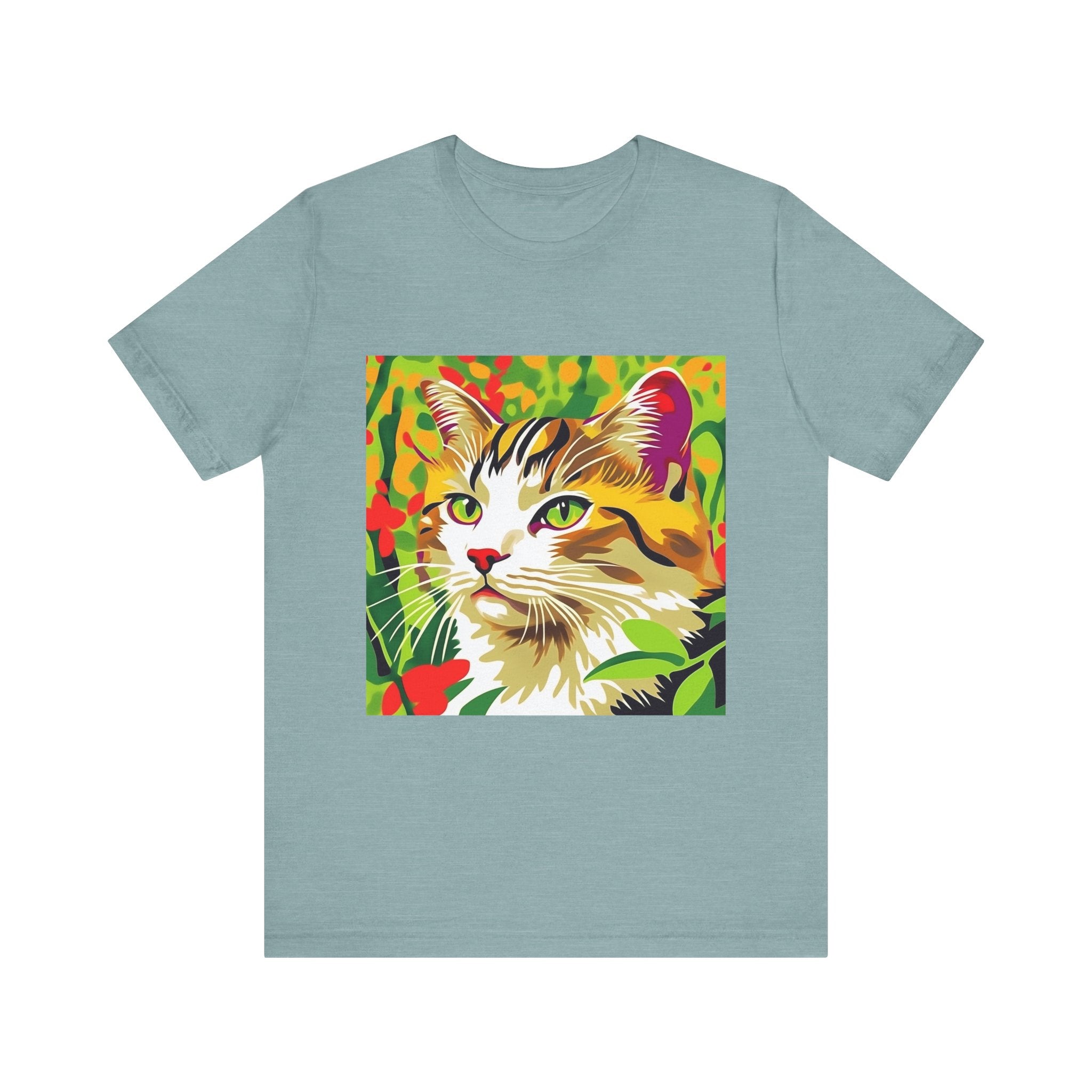 A comfortable and stylish t-shirt featuring a colorful animal design, perfect for cat lovers