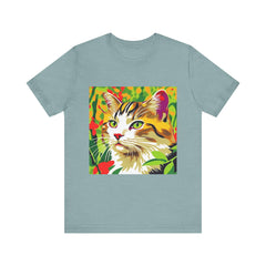 A comfortable and stylish t-shirt featuring a colorful animal design, perfect for cat lovers