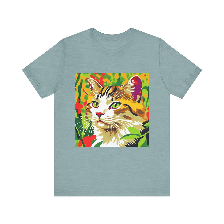 A comfortable and stylish t-shirt featuring a colorful animal design, perfect for cat lovers
