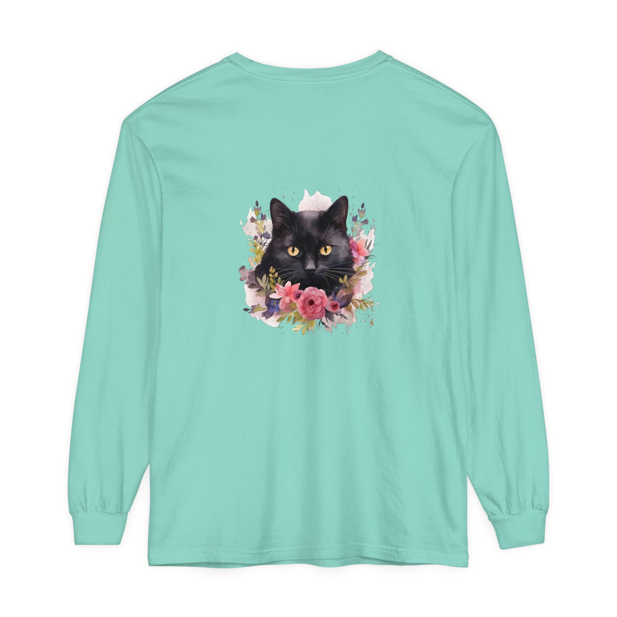 A beautiful black cat surrounded by colorful watercolor floral designs on a long sleeve t-shirt