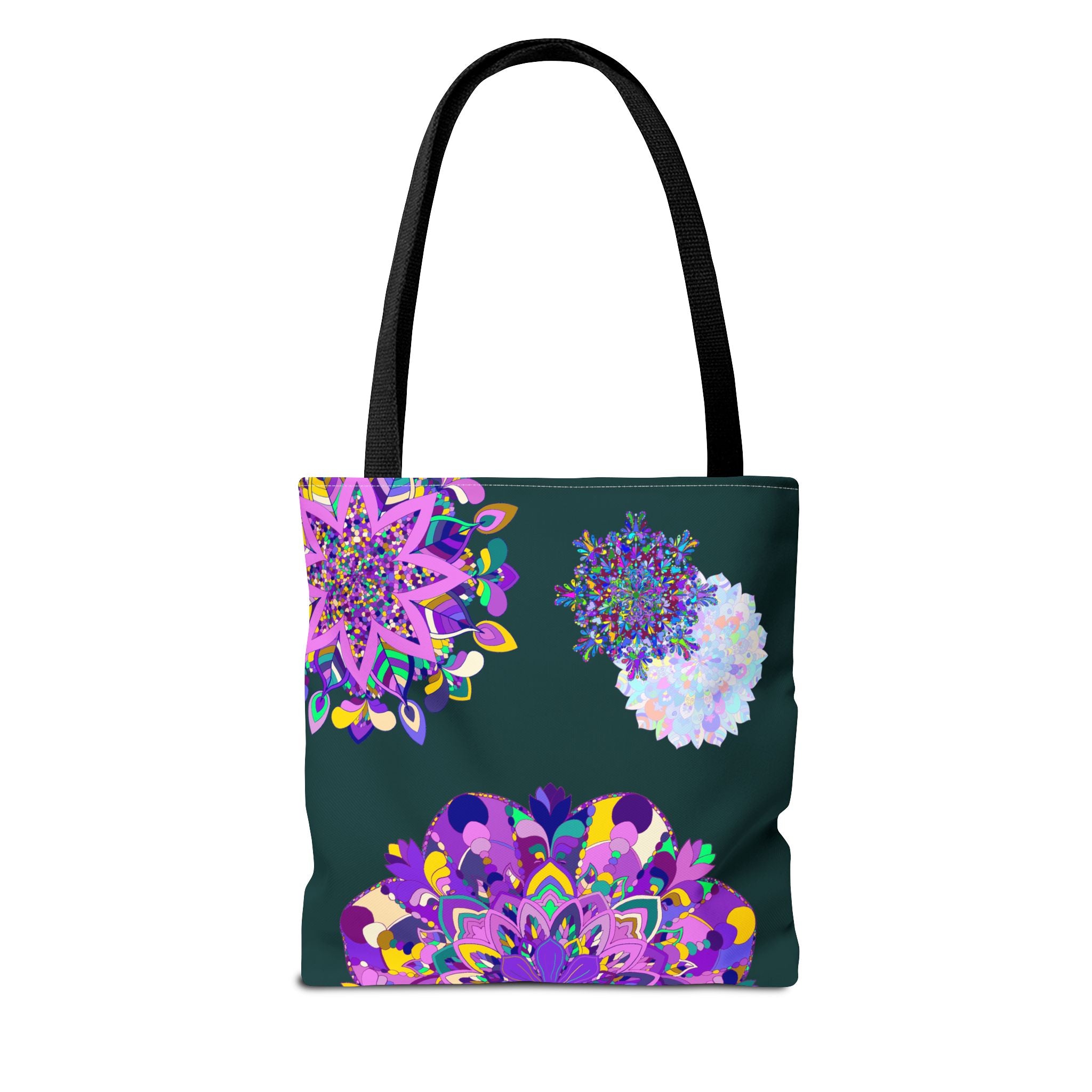 Large, colorful mandala tote bag with intricate design and sturdy handles