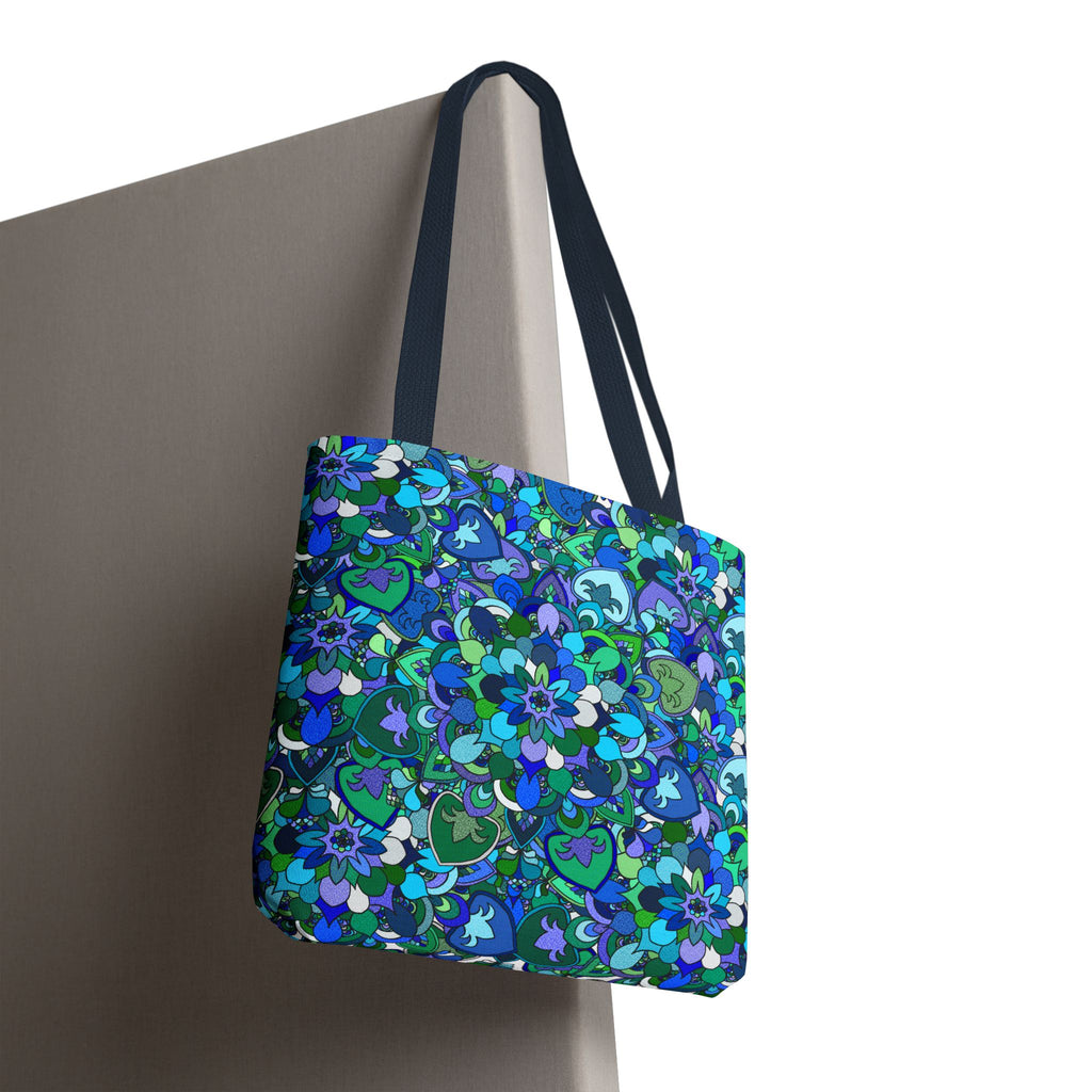 Borsa tote con stampa mandala floreale blu-verde — Shopper con stampa integrale vivace