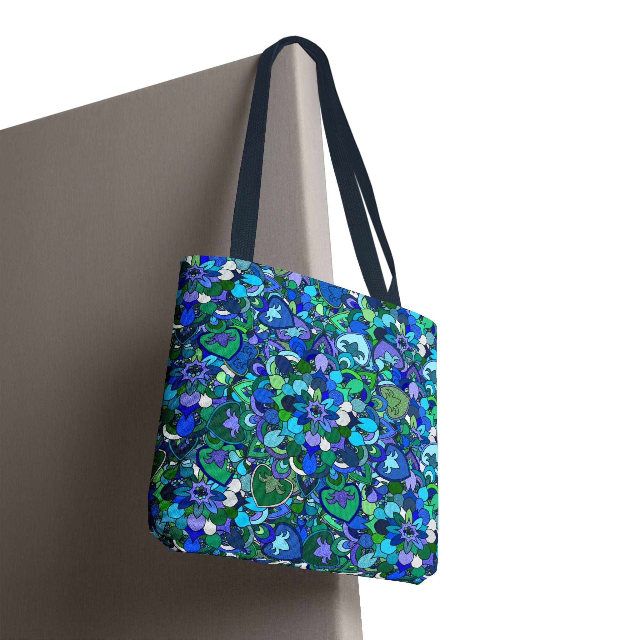 Borsa tote con stampa mandala floreale blu-verde — Shopper con stampa integrale vivace