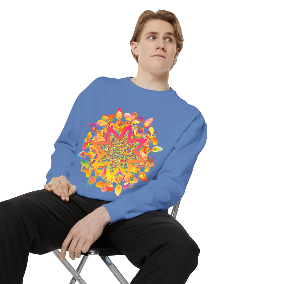 Colorful mandala sweatshirt with intricate design and vibrant patterns for a stylish and unique look