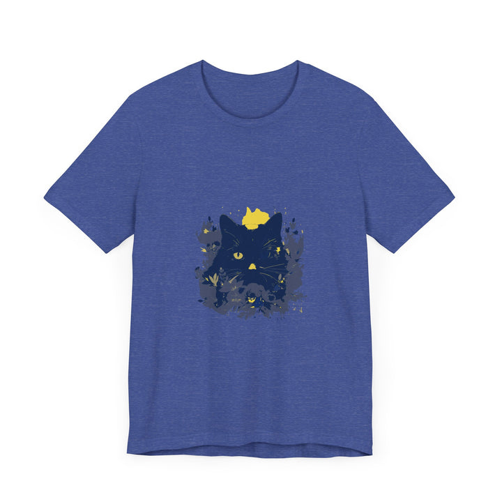 Black Cat Mystery T-Shirt featuring a whimsical design of colorful flowers