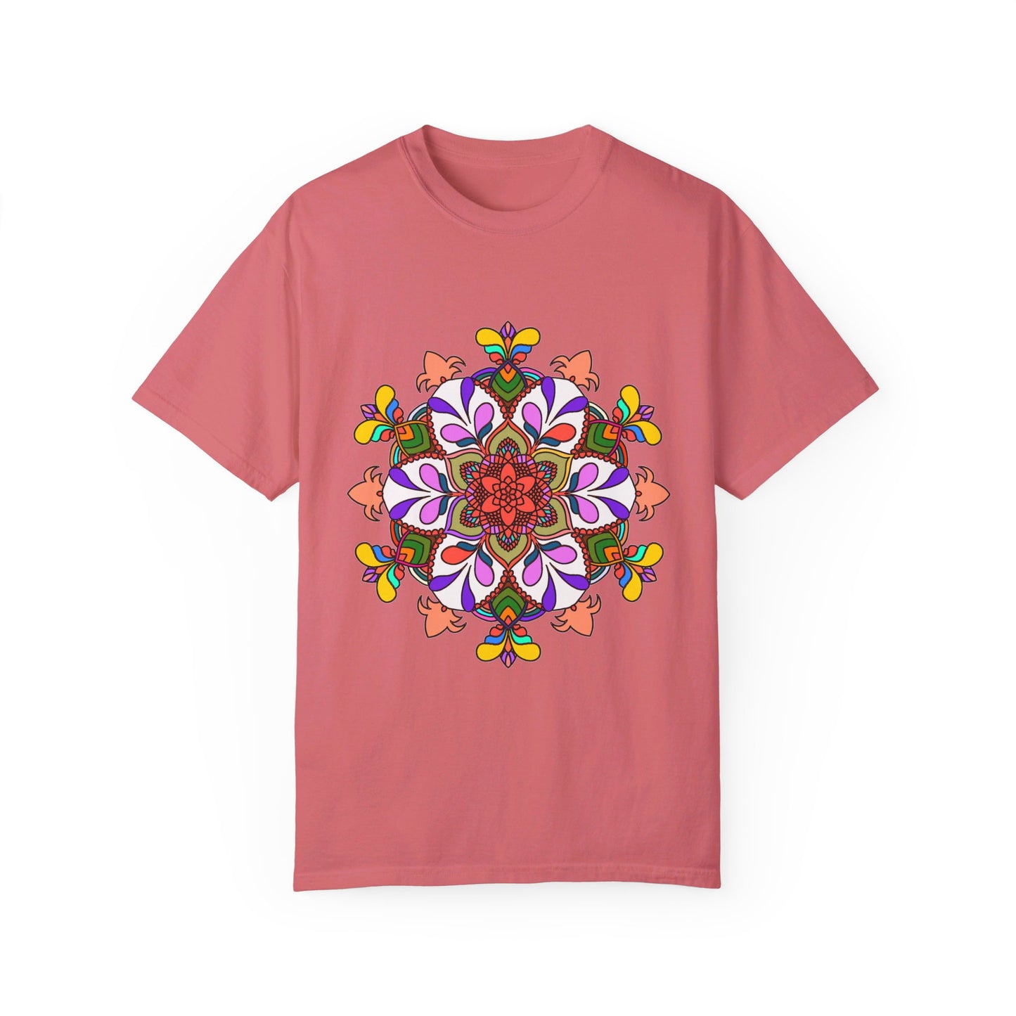 Unisex Mandala T-Shirt featuring hand-drawn mandala art on 100% ring-spun cotton, garment-dyed for extra comfort