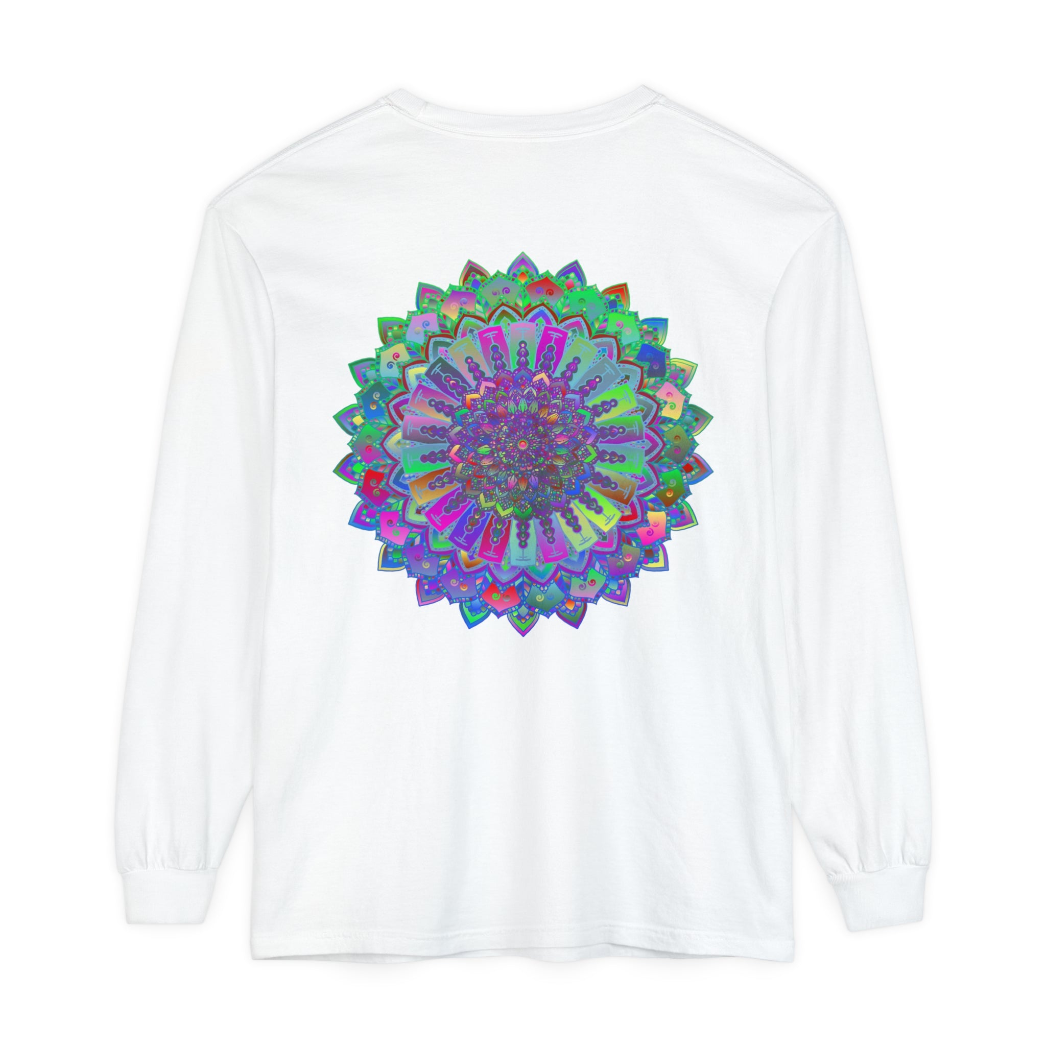 Colorful and intricate mandala design, printed on a comfortable long sleeve t-shirt