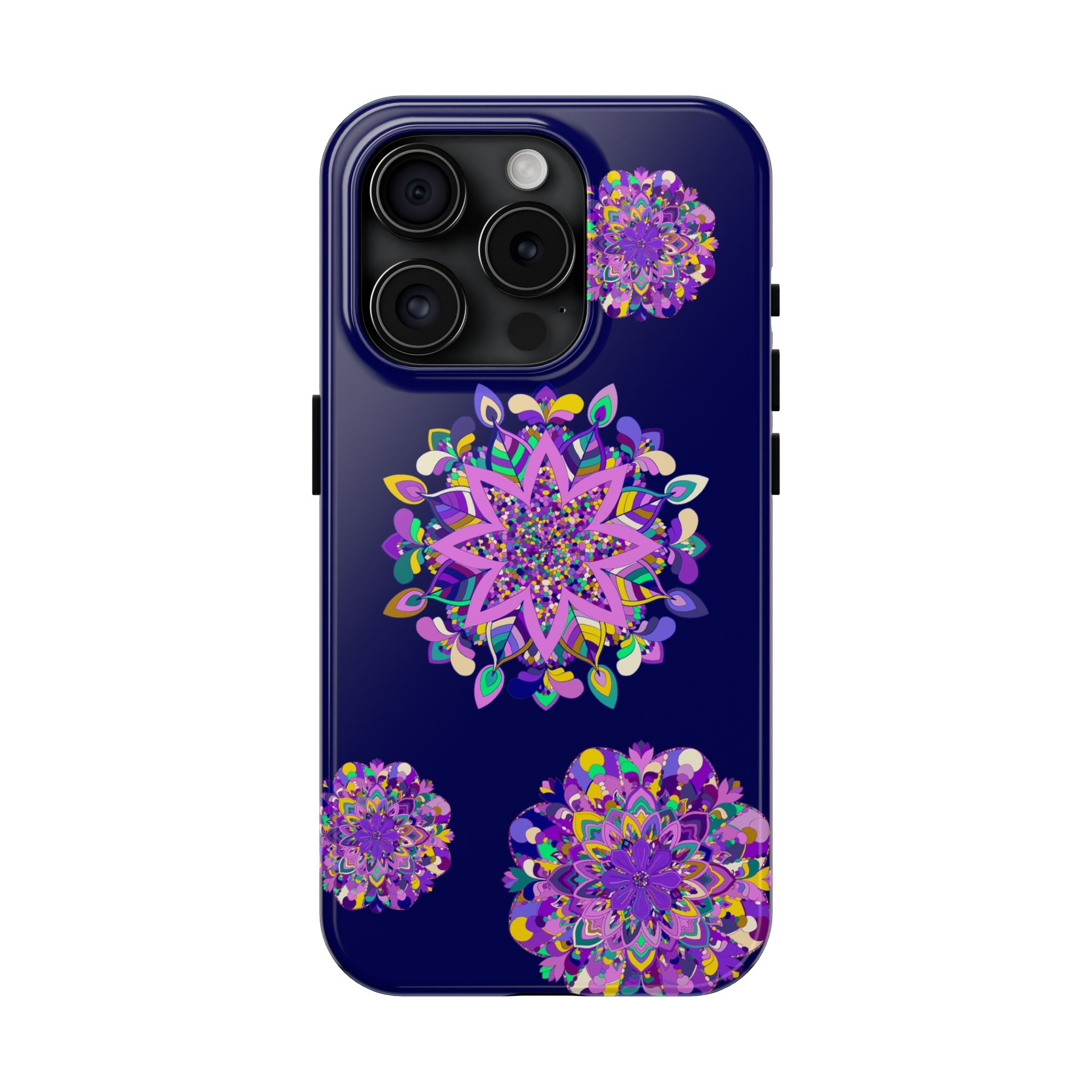 Hand drawn purple mandala art phone case, featuring durable and shock absorbent material