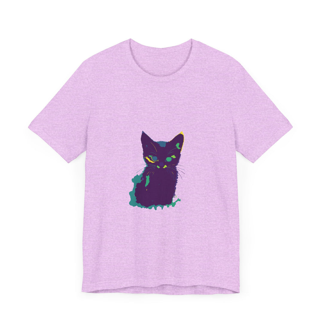 A colorful whimsical cat silhouette tee, perfect for cat lovers