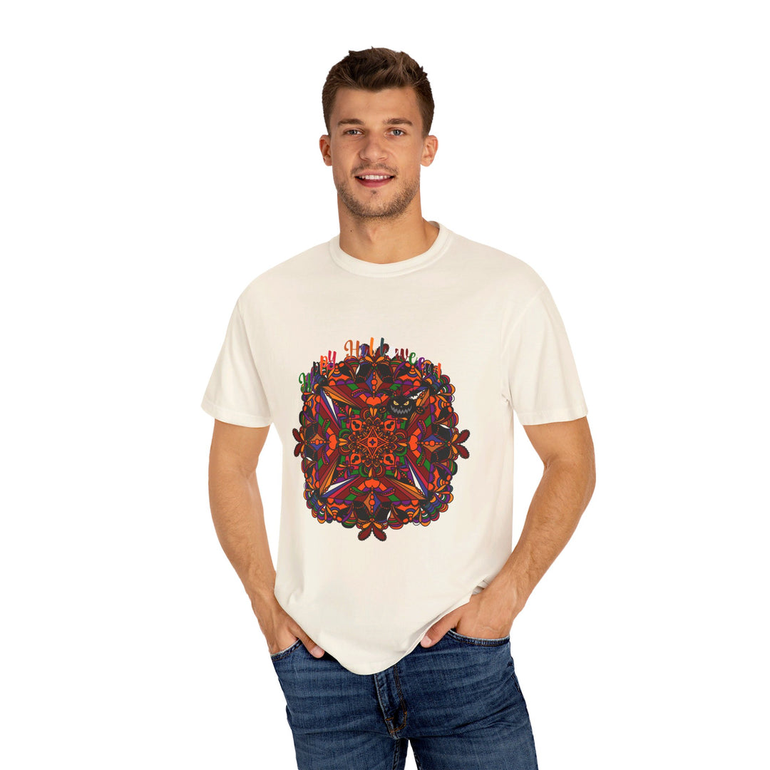 Handmade unisex Halloween Mandala T-shirt featuring pumpkin mandala art on garment-dyed tee