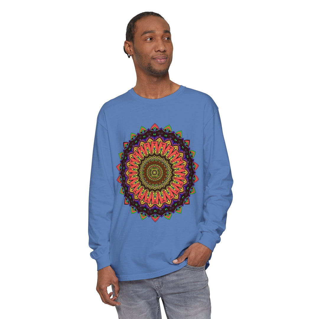 Intricate Mandala Long Sleeve T-Shirt - Colorful Design on Black Background with Floral and Geometric Patterns