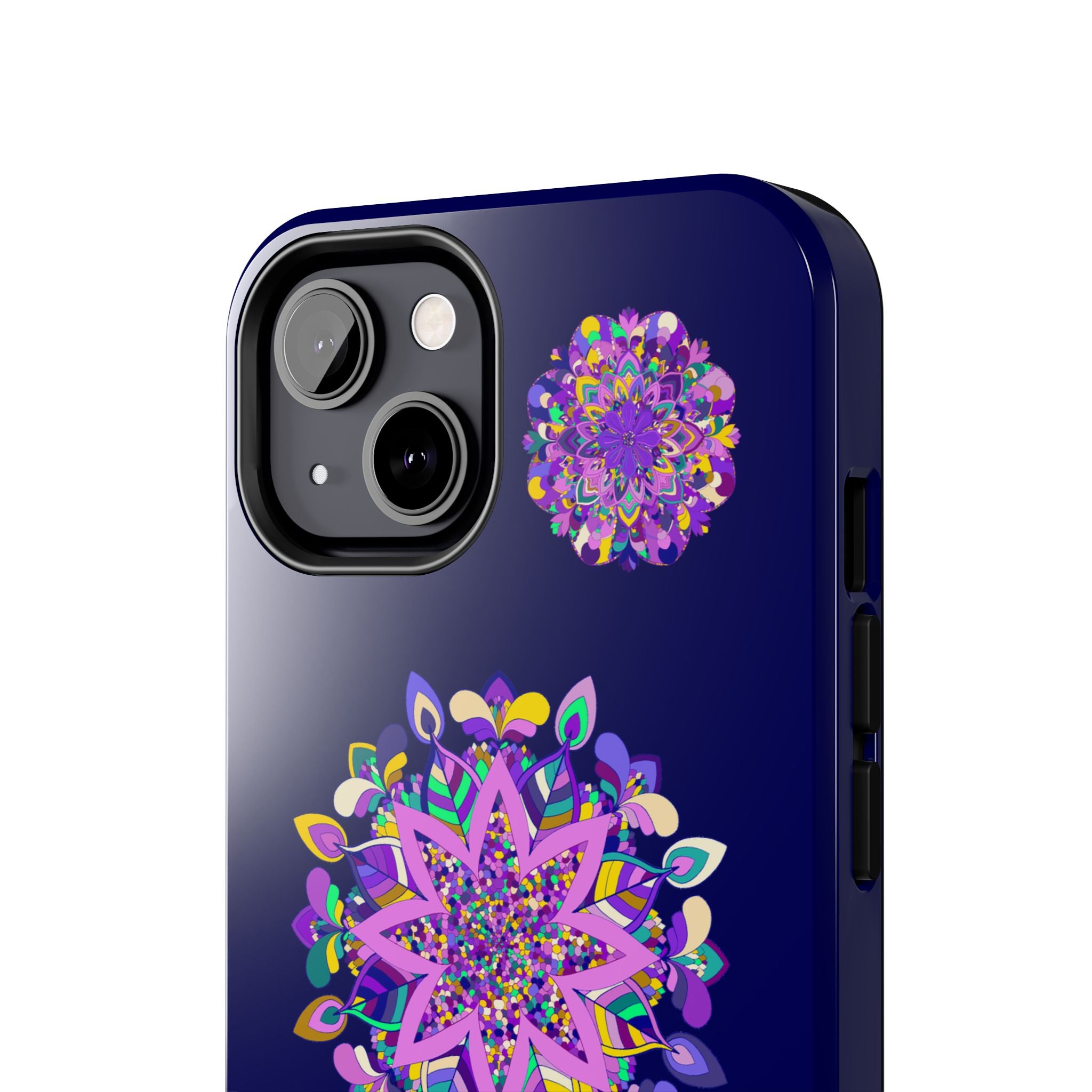 Hand-drawn mandala art phone case in purple shades, durable and shock absorbent, perfect for protecting your phone in style