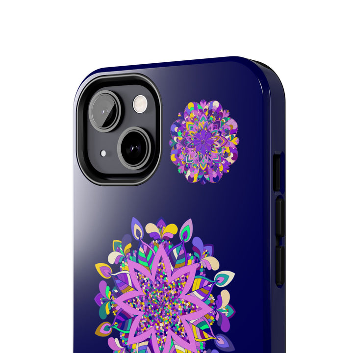 Hand-drawn mandala art phone case in purple shades, durable and shock absorbent, perfect for protecting your phone in style