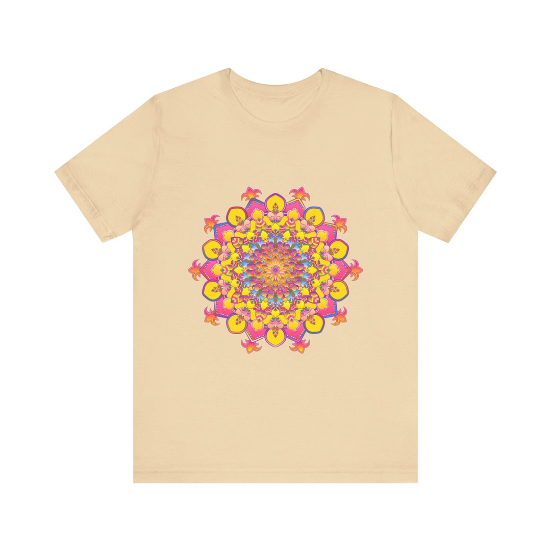 Floral mandala tee with vibrant red and orange petals on black background