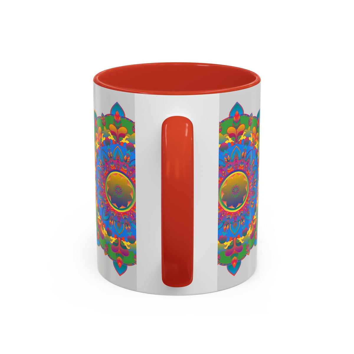Vivid and detailed mandala flower art on a grey ceramic mug