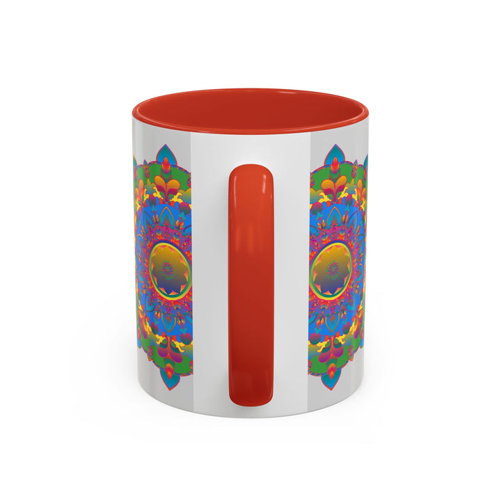 Vivid and detailed mandala flower art on a grey ceramic mug