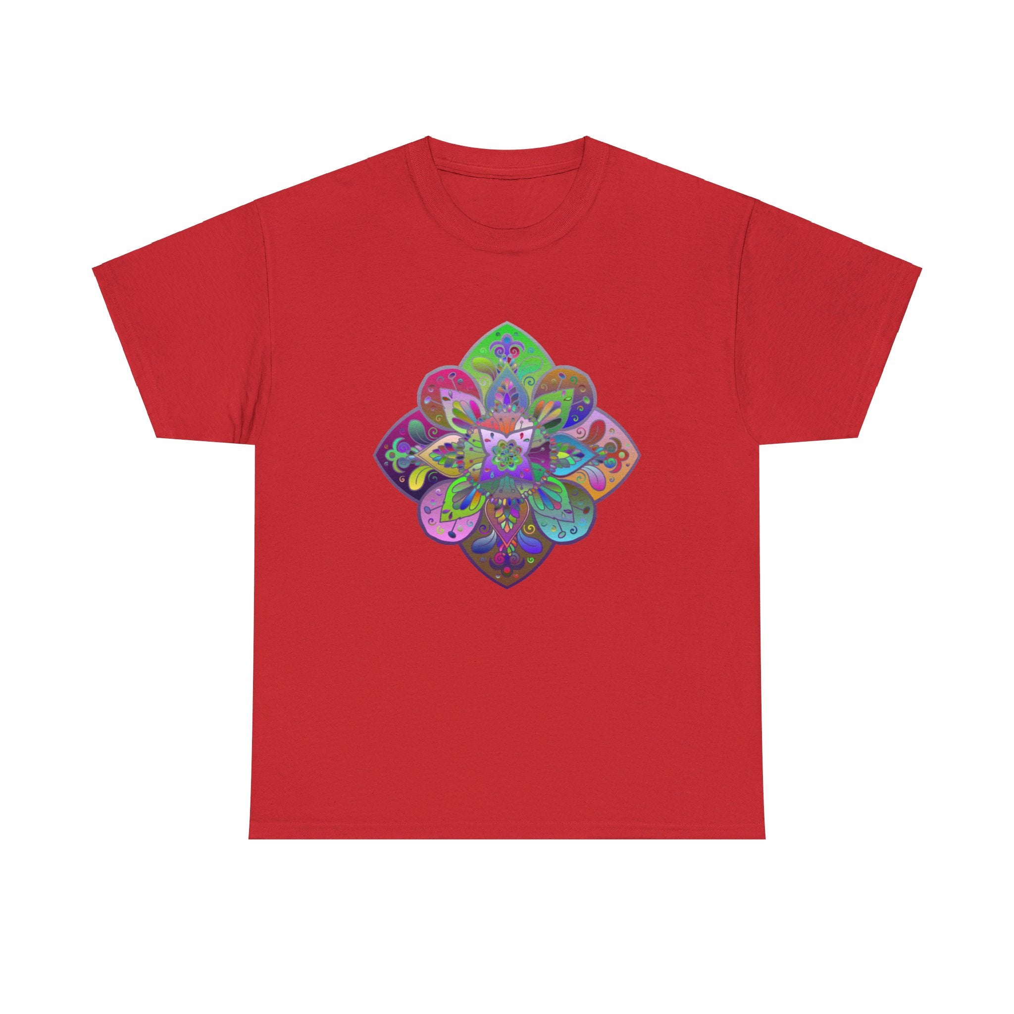 A colorful mandala design printed on a high-quality unisex heavy cotton T-shirt, perfect for yoga practice and mindfulness activities