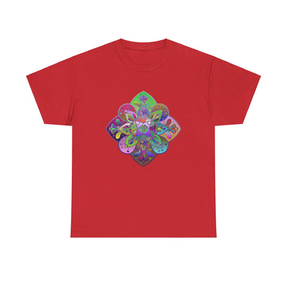 A colorful mandala design printed on a high-quality unisex heavy cotton T-shirt, perfect for yoga practice and mindfulness activities