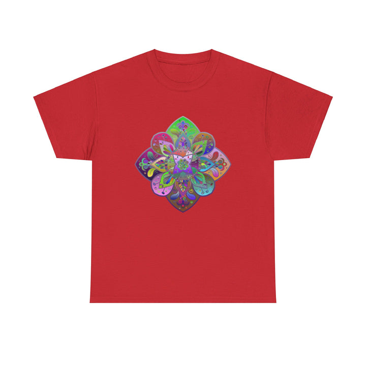 A colorful mandala design printed on a high-quality unisex heavy cotton T-shirt, perfect for yoga practice and mindfulness activities