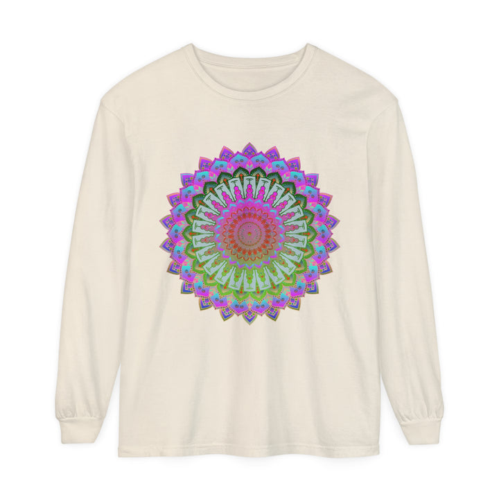 Comfortable and trendy unisex long sleeve t-shirt featuring a colorful mandala print