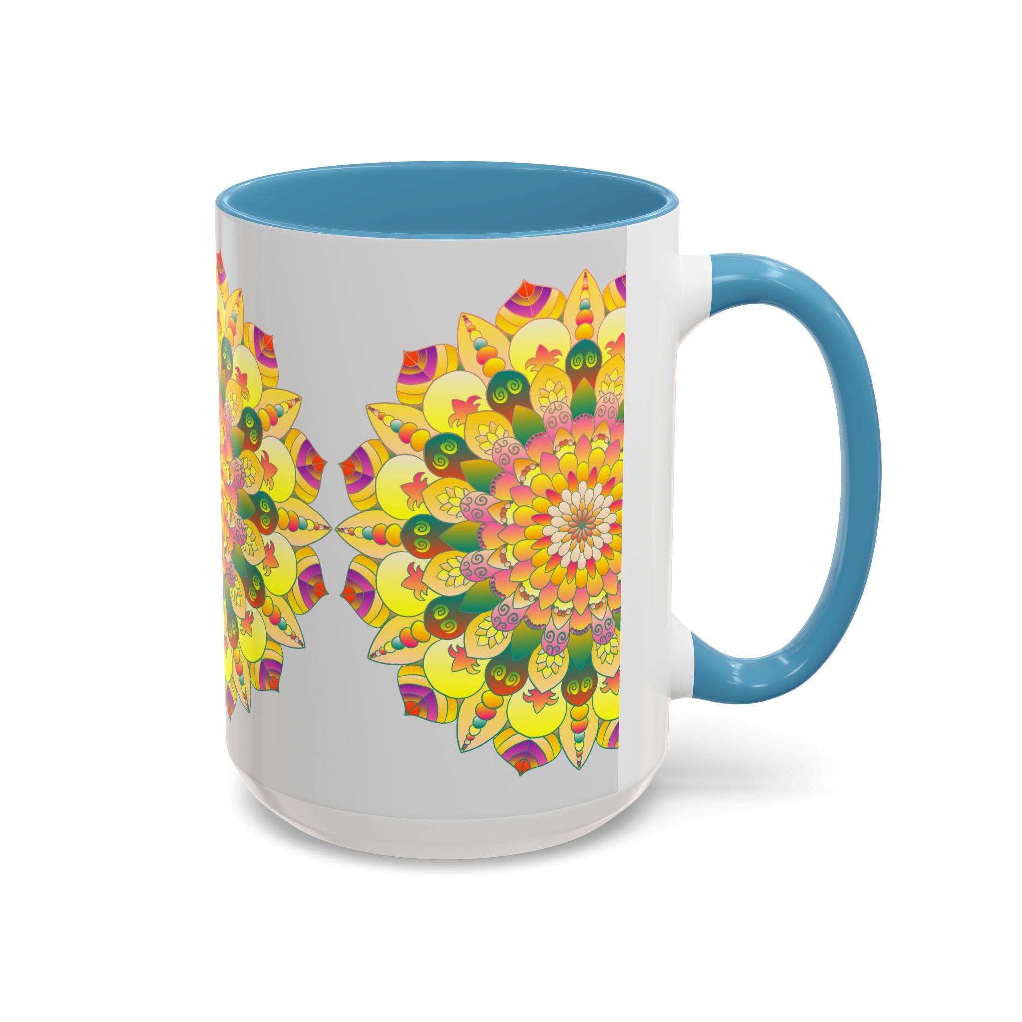 Colorful mandala art mug with vibrant floral design and intricate details