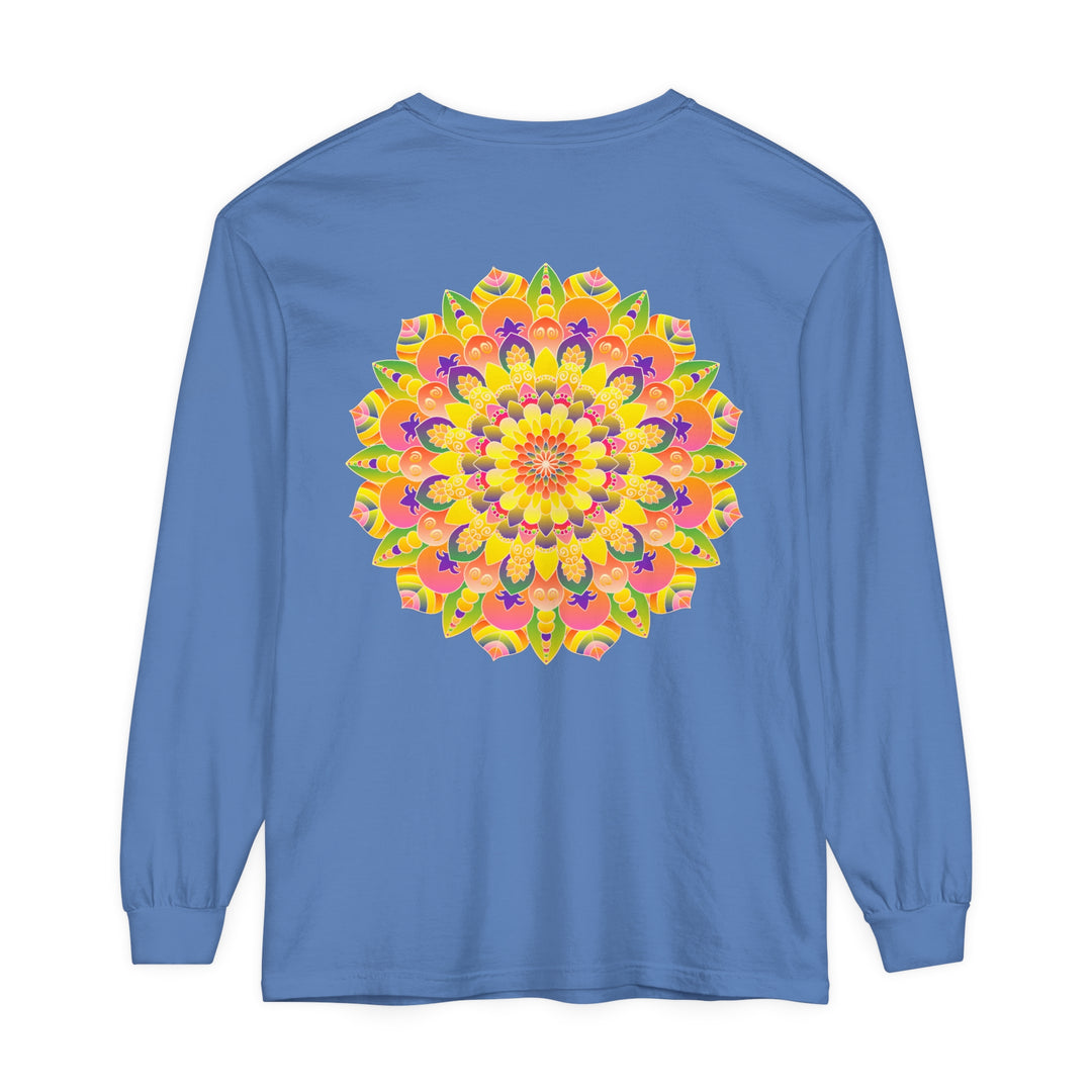 Colorful and intricate mandala design featured on unisex long sleeve t-shirt