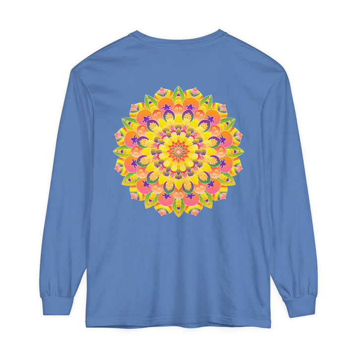 Colorful and intricate mandala design featured on unisex long sleeve t-shirt