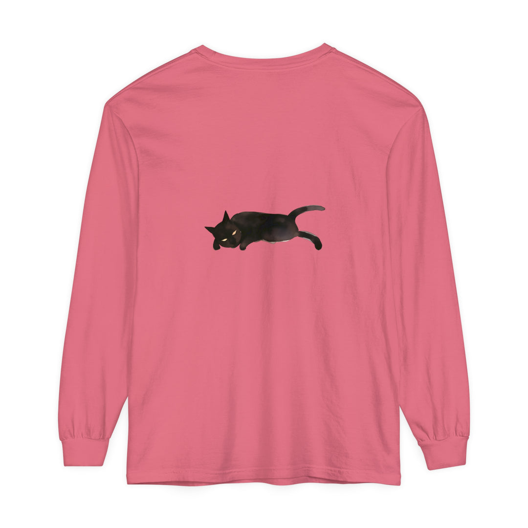 A cozy and comfortable unisex long sleeve t-shirt featuring a sleeping black cat design