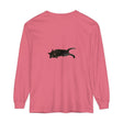 A cozy and comfortable unisex long sleeve t-shirt featuring a sleeping black cat design