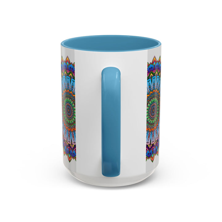 A grey ceramic mug with a vibrant and colorful mandala design