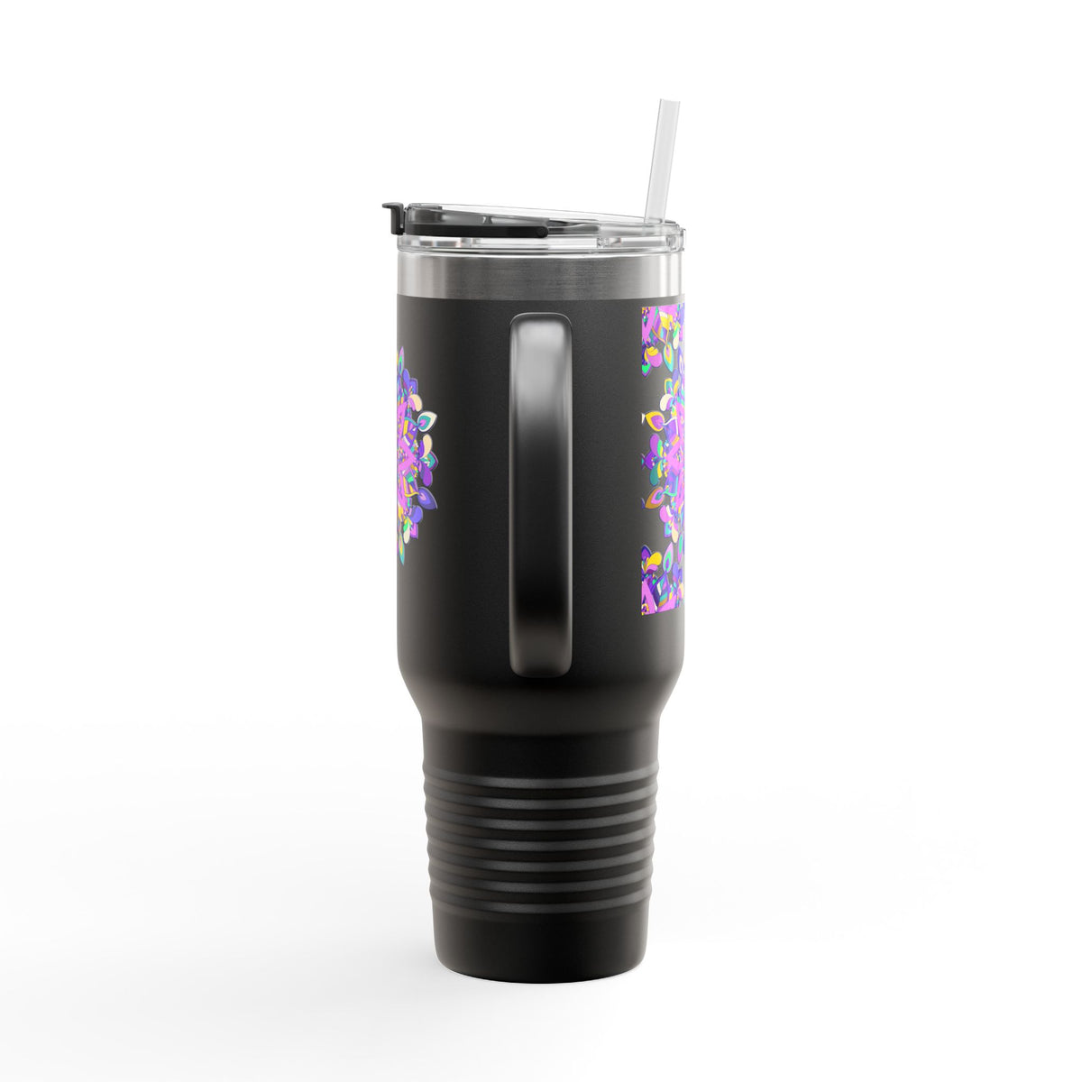 40oz Insulated Travel Mug — Purple Floral Mandala Design