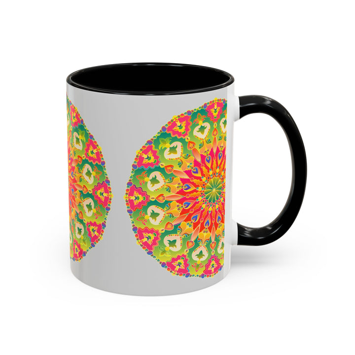 Colorful and vibrant mandala art mug featuring intricate designs in various shades of blue, red, yellow, and green on a white ceramic background