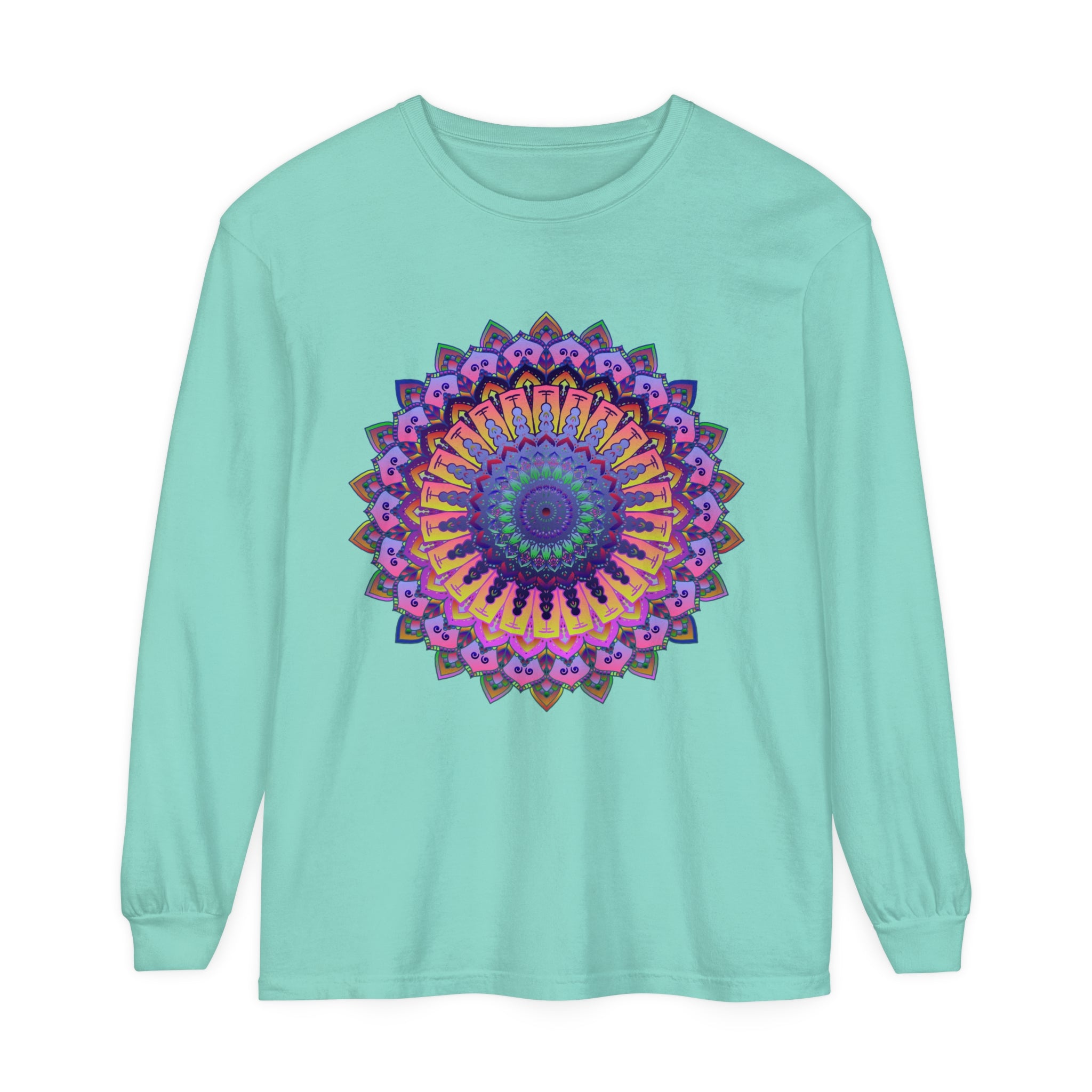 Intricate mandala design in vibrant colors on a unisex long sleeve t-shirt