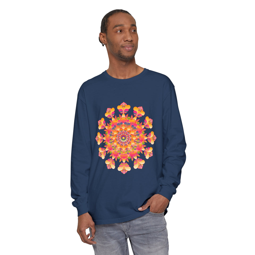 A colorful mandala design adorns a long-sleeve unisex t-shirt