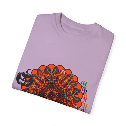 Unisex Halloween Mandala T-shirt with Handmade Pumpkin Mandala Art on Garment-Dyed Tee