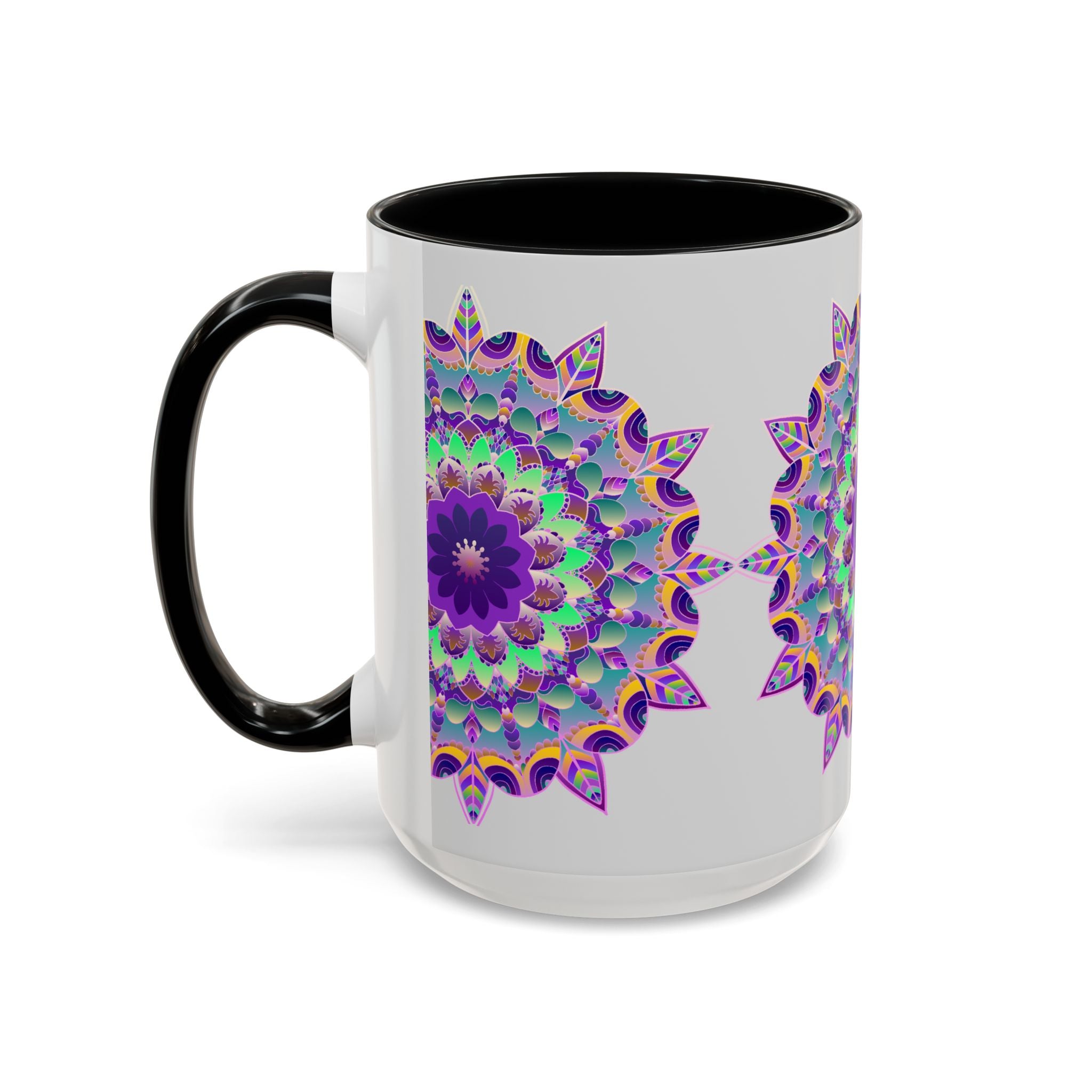 Vibrant Mandala Art Mug in Light Grey featuring intricate, colorful designs