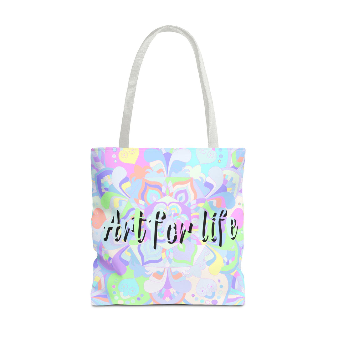 Colorful mandala tote bag with intricate design and inspiring 'Art for Life' quote, perfect for carrying essentials in style