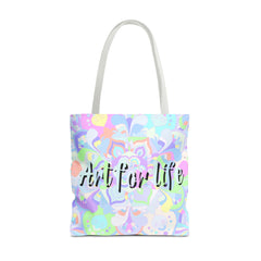 Colorful mandala tote bag with intricate design and inspiring 'Art for Life' quote, perfect for carrying essentials in style
