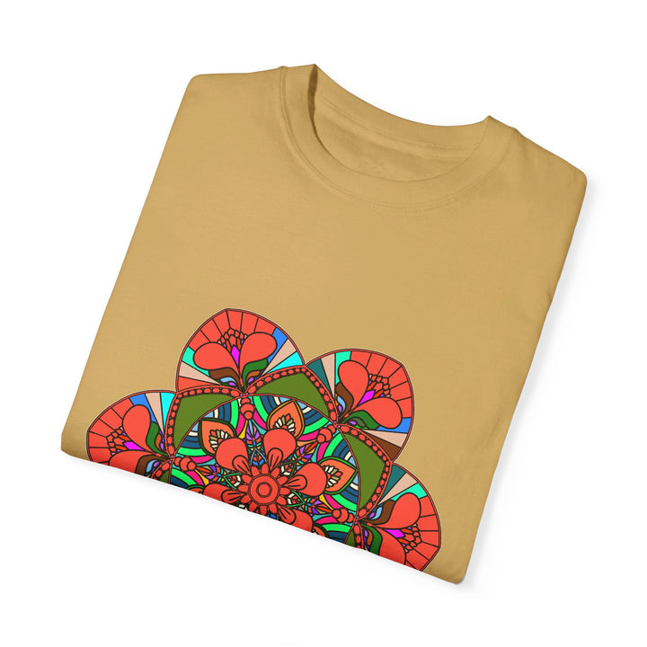 Colorful unisex mandala t-shirt made of 100% ring-spun cotton, hand-drawn mandala art, and garment-dyed for extra comfort