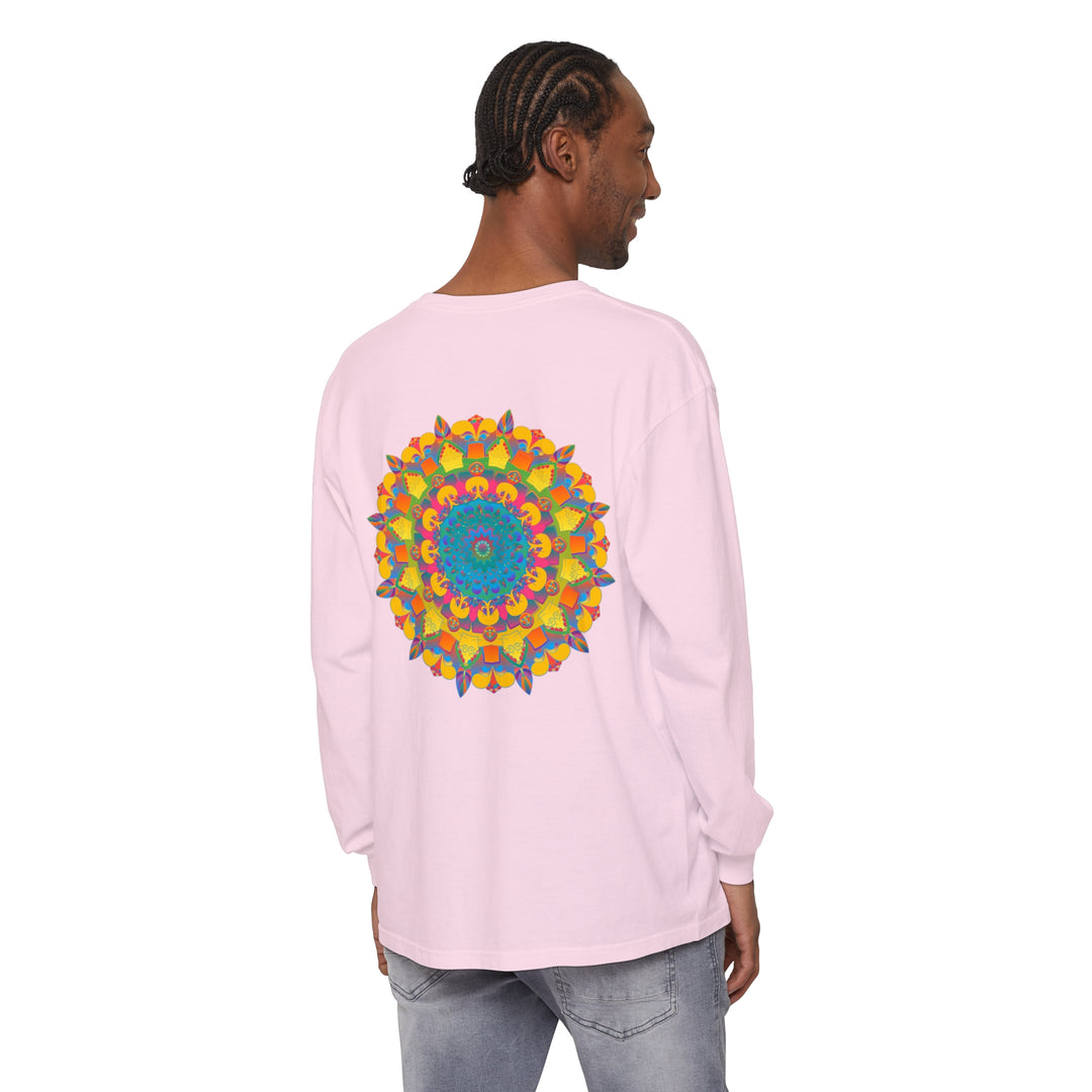 Colorful and intricate mandala design on a unisex long sleeve t-shirt