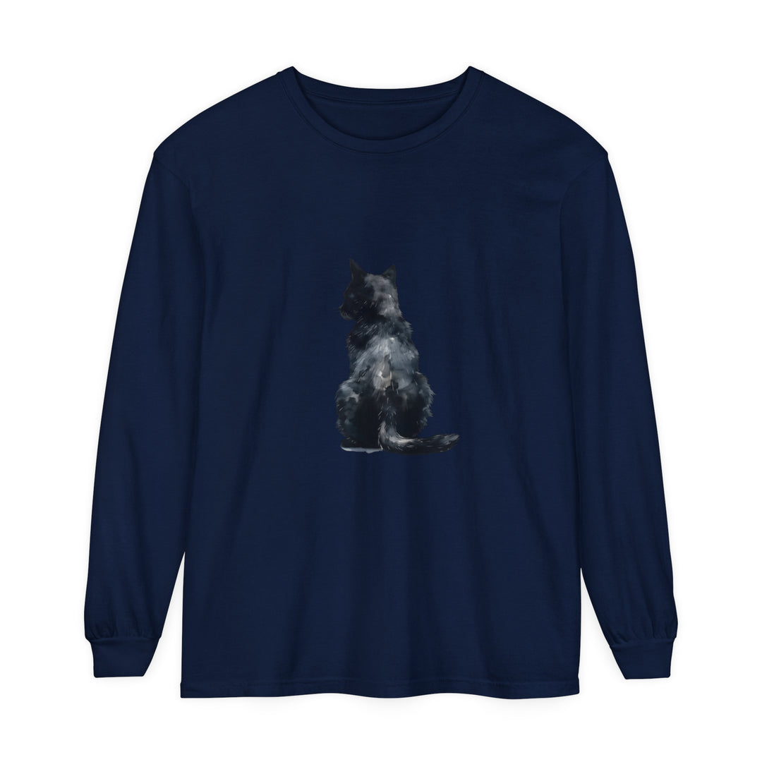 Black Cat Watercolor Long Sleeve T-Shirt with beautiful hand-painted feline design